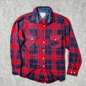 Vintage Sears Mens S Plaid Flannel Shirt Red Navy Tartan Heavyweight Korea